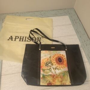 Hippie Boho Abtract Watercolor Sunflower Tote Black Vegan Leather 17.5x12x3.5"